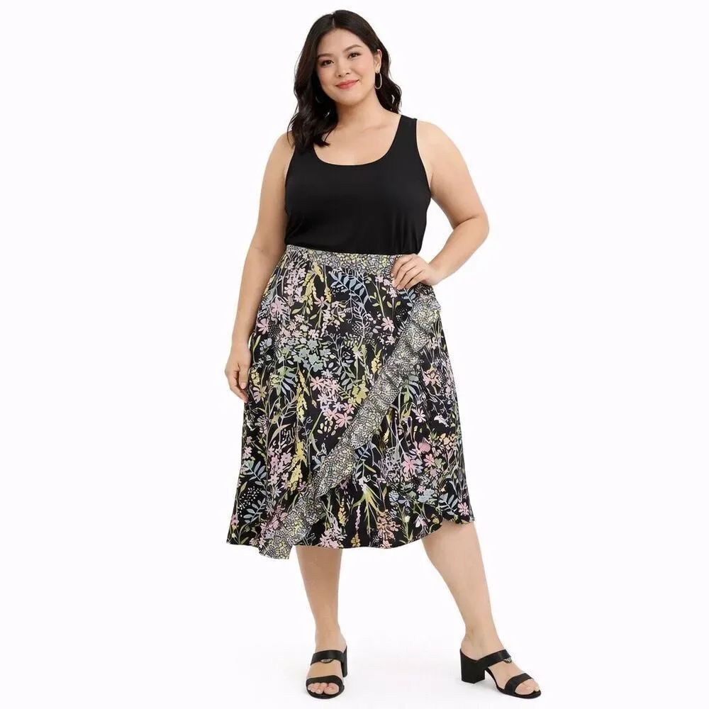 Calvin Klein Floral Skirt Ruffle Wrap A-Line Feminine Work Office Casual Size 14